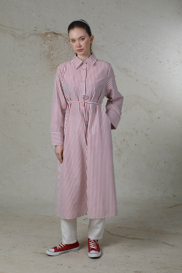 Çizgili Uzun Gömlek Tunik Nar Çiçeği - 3