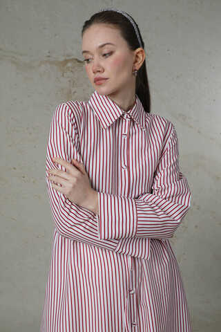 Çizgili Uzun Gömlek Tunik Nar Çiçeği - 4