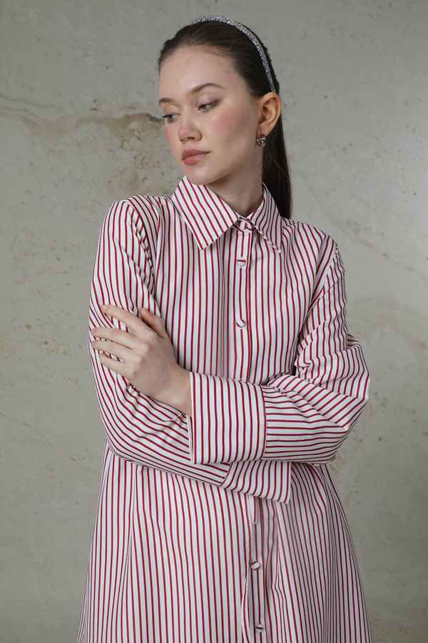 Çizgili Uzun Gömlek Tunik Nar Çiçeği - 4