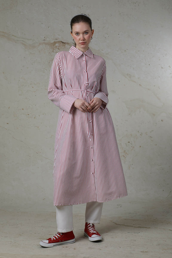 Çizgili Uzun Gömlek Tunik Nar Çiçeği - 5