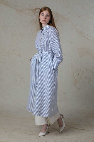 Çizgili Uzun Gömlek Tunik Saks Mavisi - 1