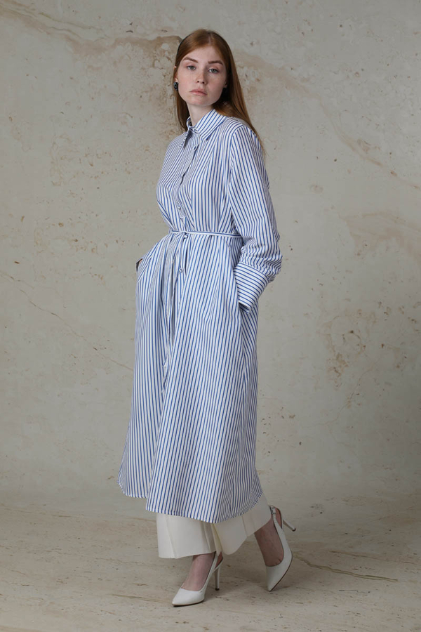 Çizgili Uzun Gömlek Tunik Saks Mavisi - 1