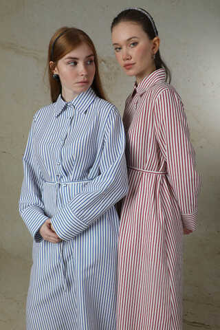 Çizgili Uzun Gömlek Tunik Saks Mavisi - 2