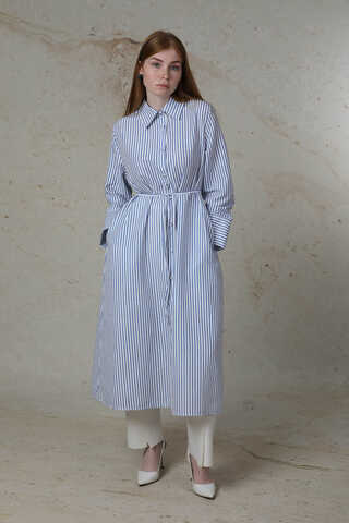 Çizgili Uzun Gömlek Tunik Saks Mavisi - 3