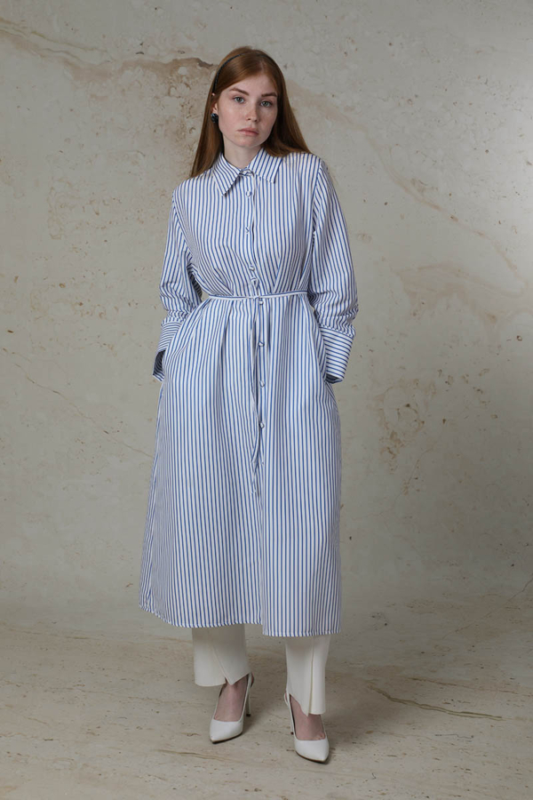 Çizgili Uzun Gömlek Tunik Saks Mavisi - 3