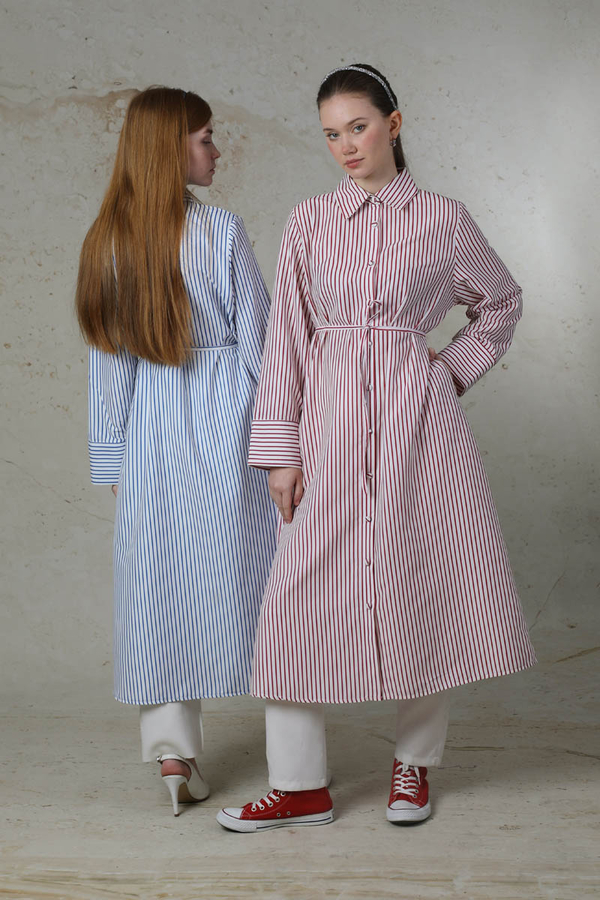 Çizgili Uzun Gömlek Tunik Saks Mavisi - 6