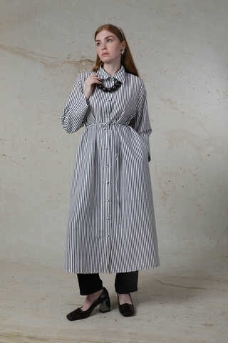 Çizgili Uzun Gömlek Tunik Siyah - 1