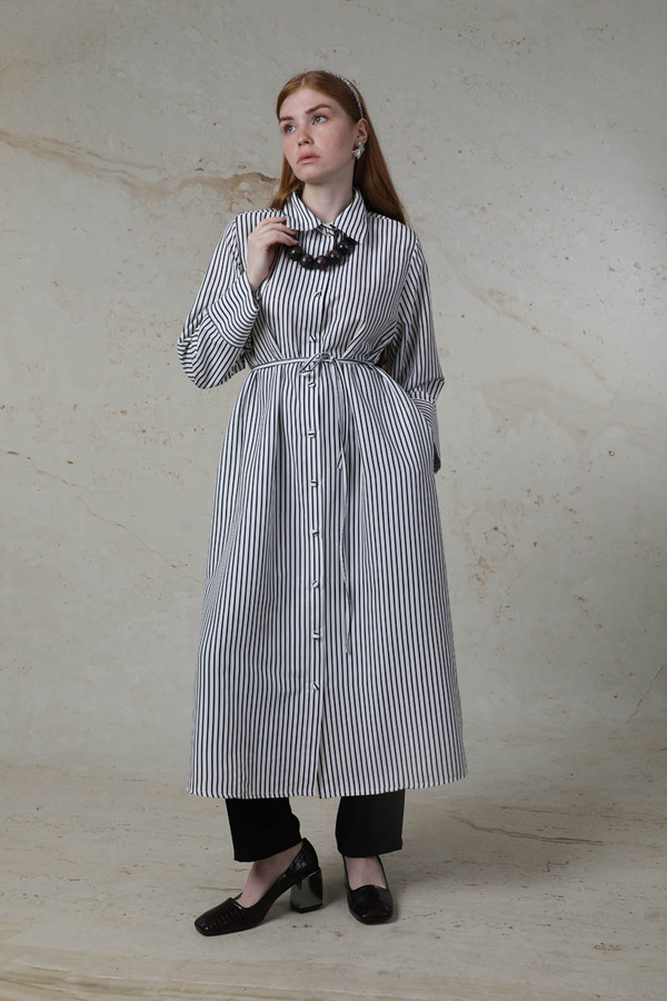 Çizgili Uzun Gömlek Tunik Siyah - 1