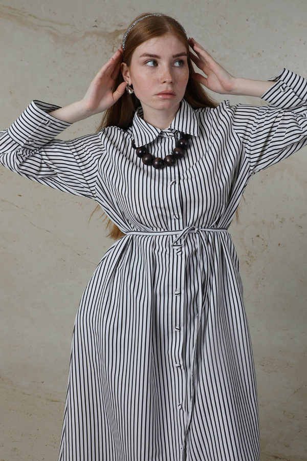 Çizgili Uzun Gömlek Tunik Siyah - 4