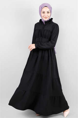 Frilly Collar Waist Belt Dress Black - 3