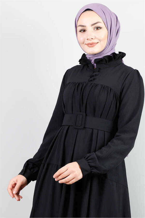 Frilly Collar Waist Belt Dress Black - 4