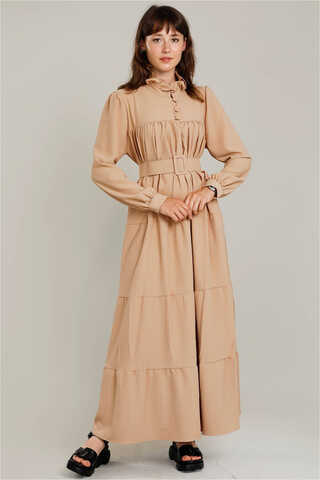 Frilly Collar Waist Belt Dress Camel - 1