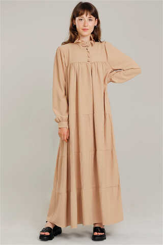 Frilly Collar Waist Belt Dress Camel - 2