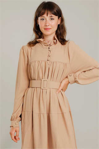 Frilly Collar Waist Belt Dress Camel - 3
