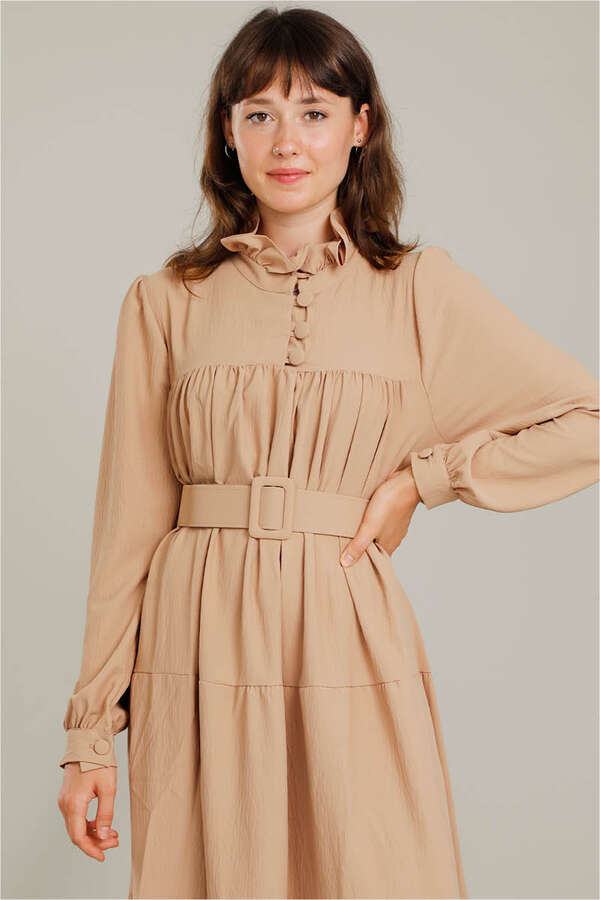 Frilly Collar Waist Belt Dress Camel - 3