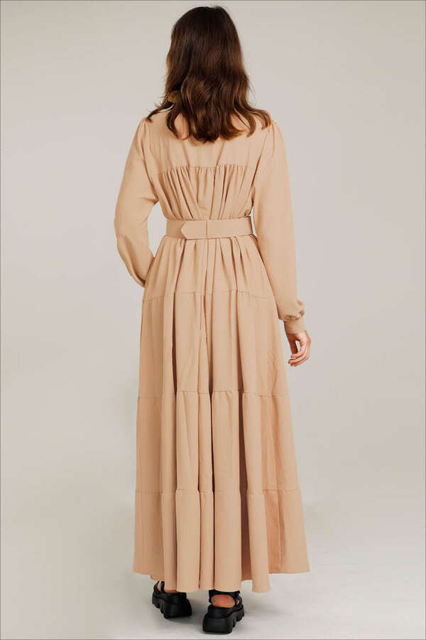 Frilly Collar Waist Belt Dress Camel - 4