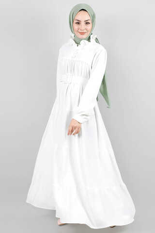 Frilly Collar Waist Belt Dress White - 1