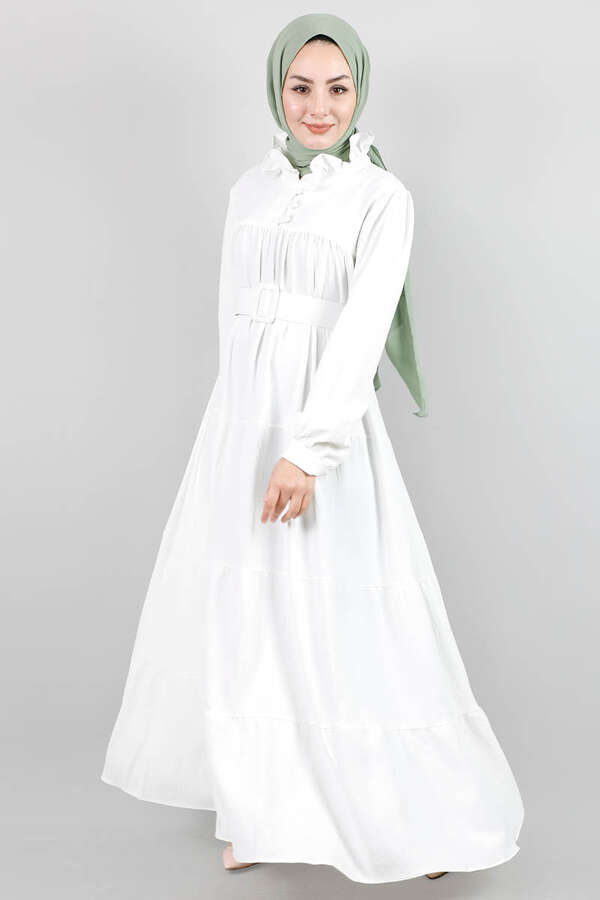 Frilly Collar Waist Belt Dress White - 1