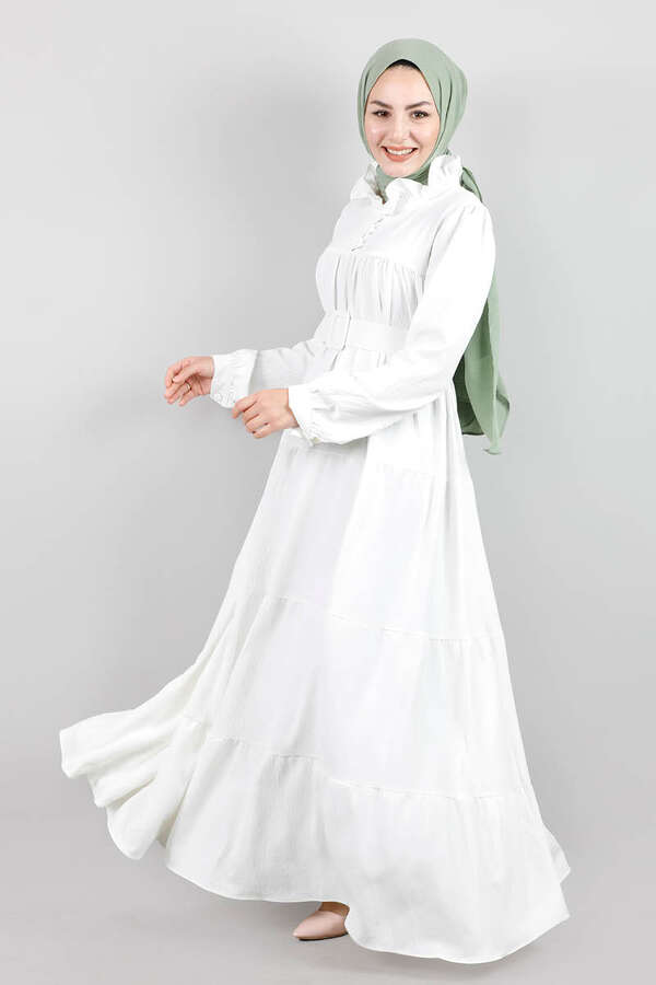 Frilly Collar Waist Belt Dress White - 2