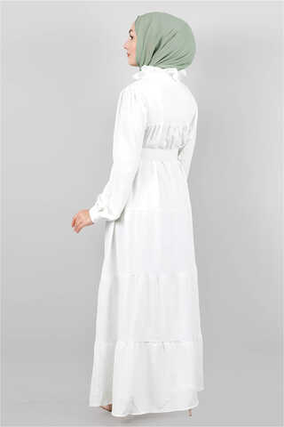 Frilly Collar Waist Belt Dress White - 4