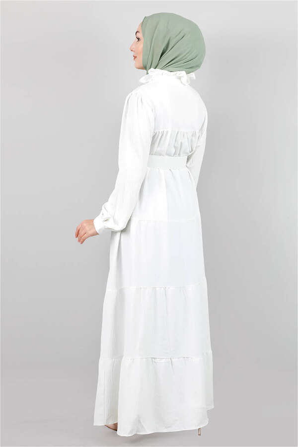 Frilly Collar Waist Belt Dress White - 4