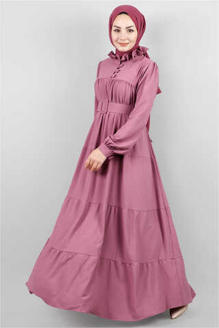 Frilly Collar Waist Belt Dress Dried Rose - 1