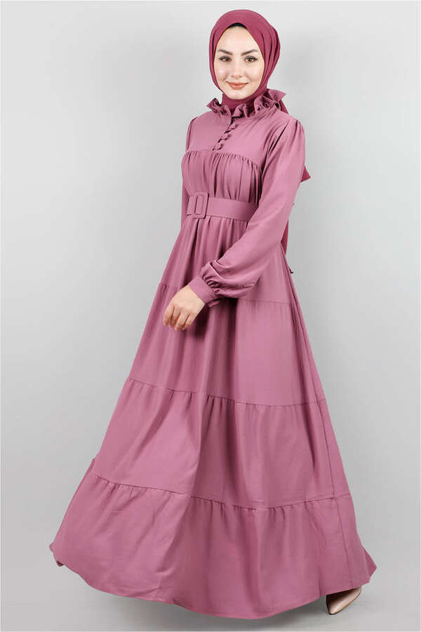 Frilly Collar Waist Belt Dress Dried Rose - 1