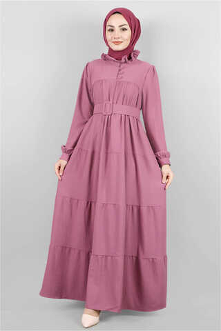 Frilly Collar Waist Belt Dress Dried Rose - 2