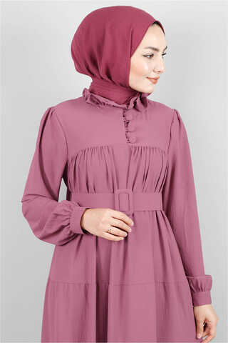 Frilly Collar Waist Belt Dress Dried Rose - 3