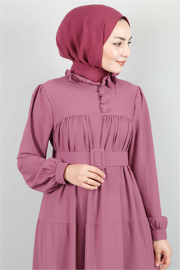 Frilly Collar Waist Belt Dress Dried Rose - 3