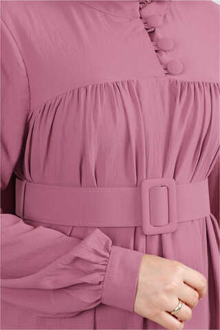 Frilly Collar Waist Belt Dress Dried Rose - 4