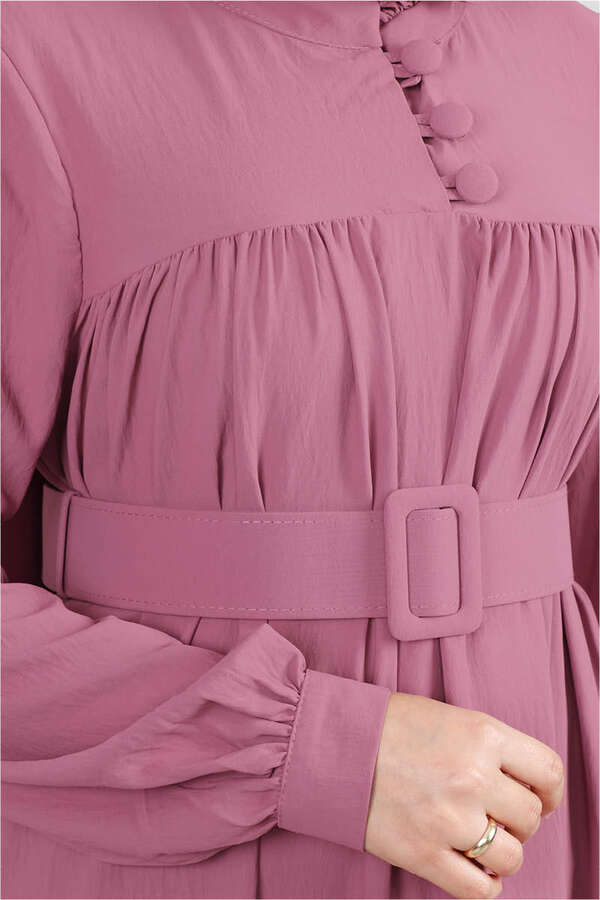Frilly Collar Waist Belt Dress Dried Rose - 4