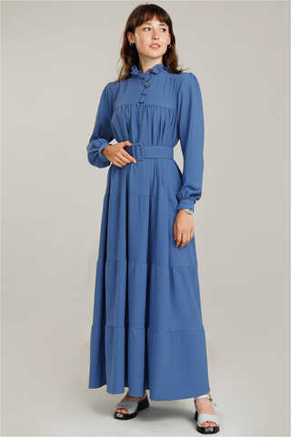 Frilly Collar Waist Belt Dress İndigo - 1