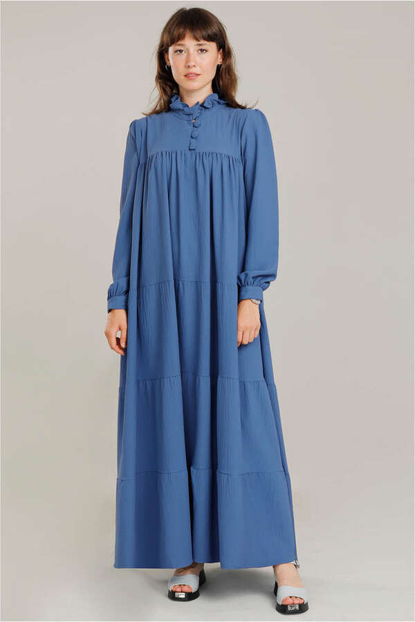 Frilly Collar Waist Belt Dress İndigo - 2