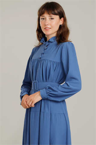 Frilly Collar Waist Belt Dress İndigo - 3