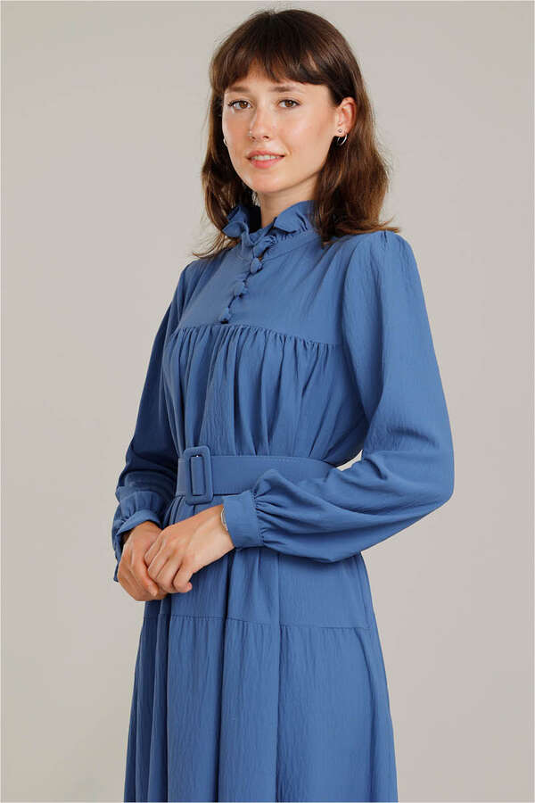 Frilly Collar Waist Belt Dress İndigo - 3