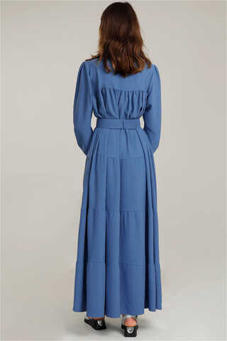 Frilly Collar Waist Belt Dress İndigo - 4