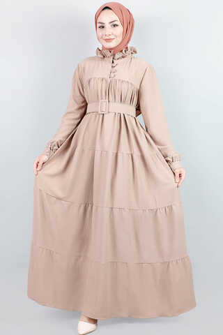 Frilly Collar Waist Belt Dress Mink - 1