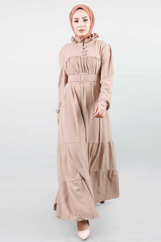 Frilly Collar Waist Belt Dress Mink - 2