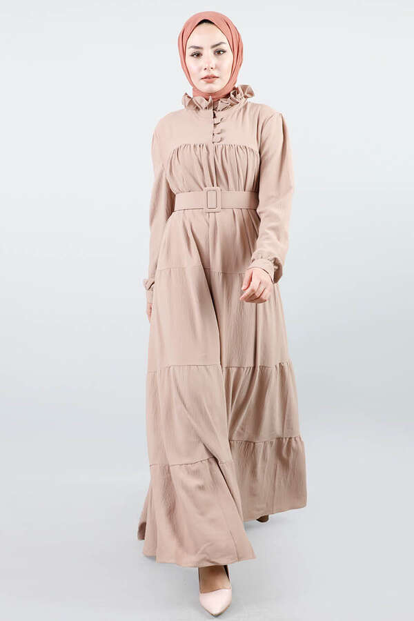 Frilly Collar Waist Belt Dress Mink - 2