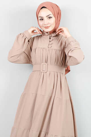 Frilly Collar Waist Belt Dress Mink - 3