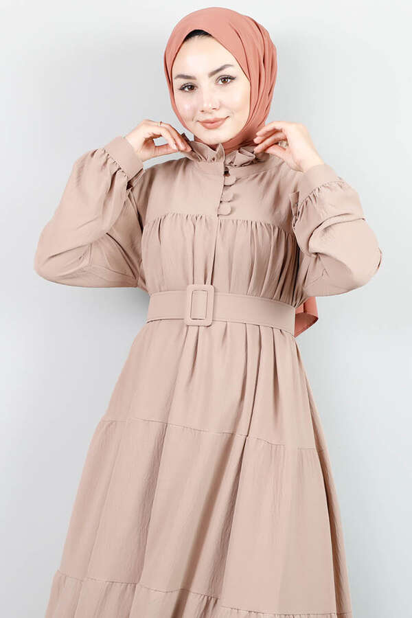 Frilly Collar Waist Belt Dress Mink - 3