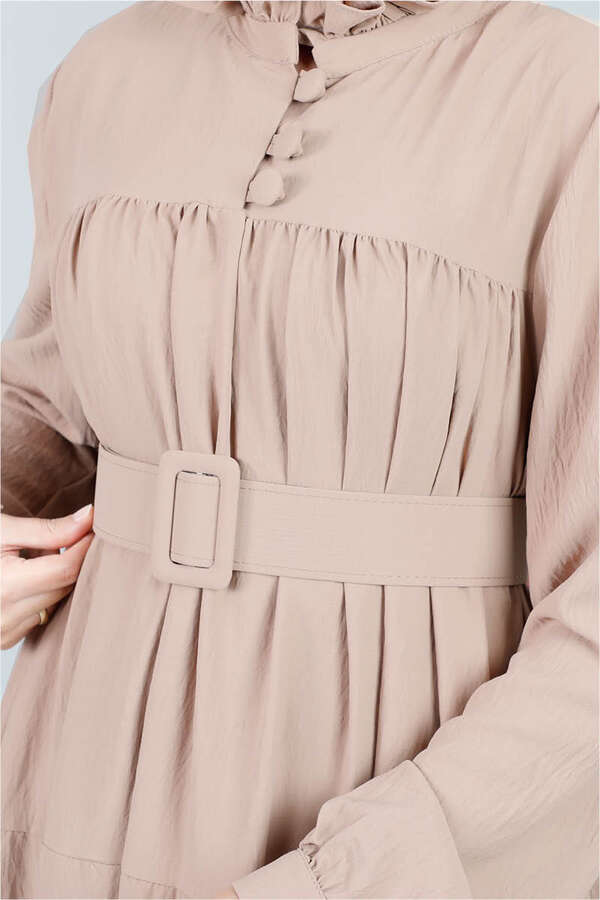 Frilly Collar Waist Belt Dress Mink - 4