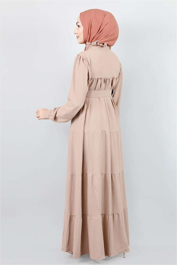 Frilly Collar Waist Belt Dress Mink - 5