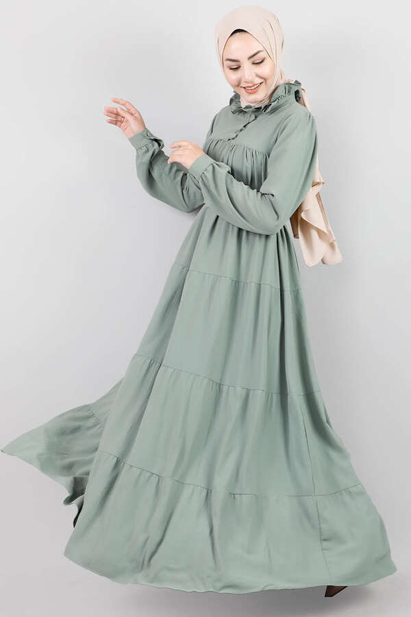 Frilly Collar Waist Belt Dress Mint - 2