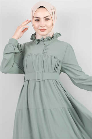 Frilly Collar Waist Belt Dress Mint - 3