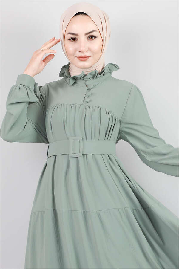 Frilly Collar Waist Belt Dress Mint - 3