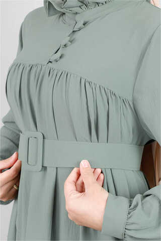 Frilly Collar Waist Belt Dress Mint - 4