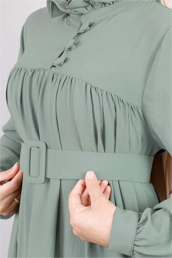 Frilly Collar Waist Belt Dress Mint - 4