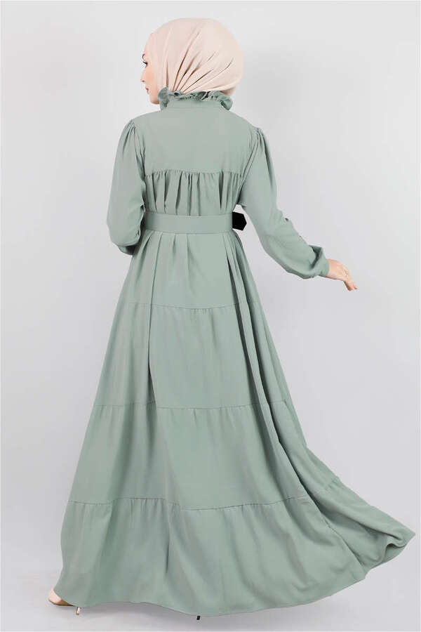 Frilly Collar Waist Belt Dress Mint - 5
